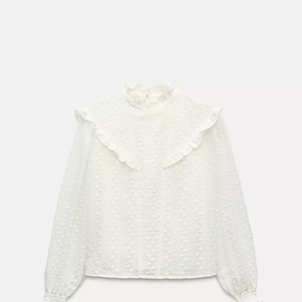 Zara White Textured Blouse with Ruffles